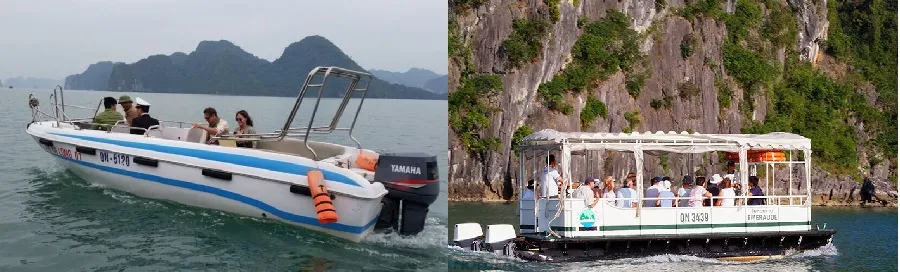 Speedboat (left) and tender (right) are the two methods of transportation to the cruise ship