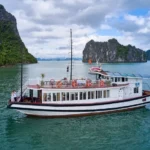 Du thuyền trắng trên vịnh giữa các đảo đá vôi - Tàu tiêu chuẩn thăm Vịnh Hạ Long