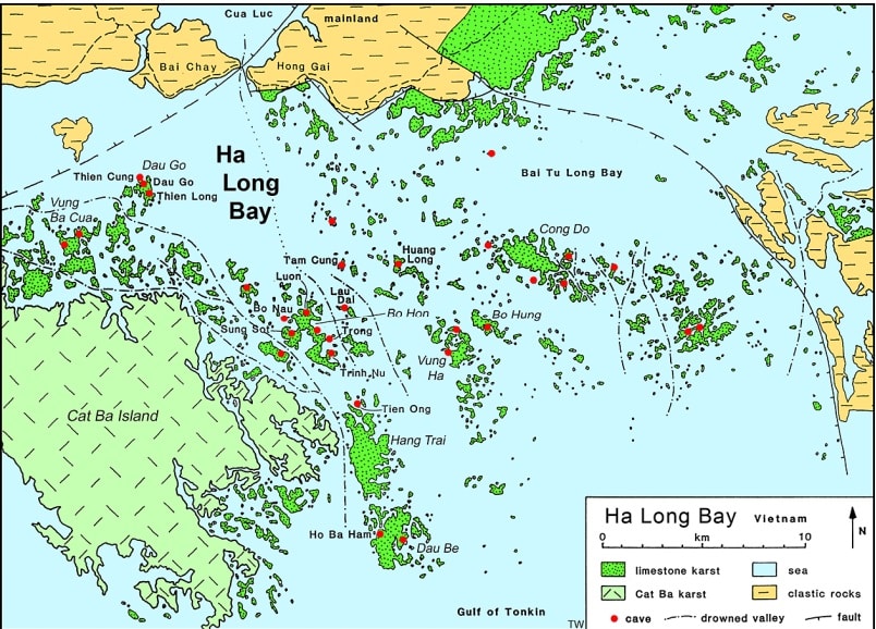 Figure 1: A simplified map of Ha Long Bay, illustrating major islands, prominent geology, and the names of several major caves.