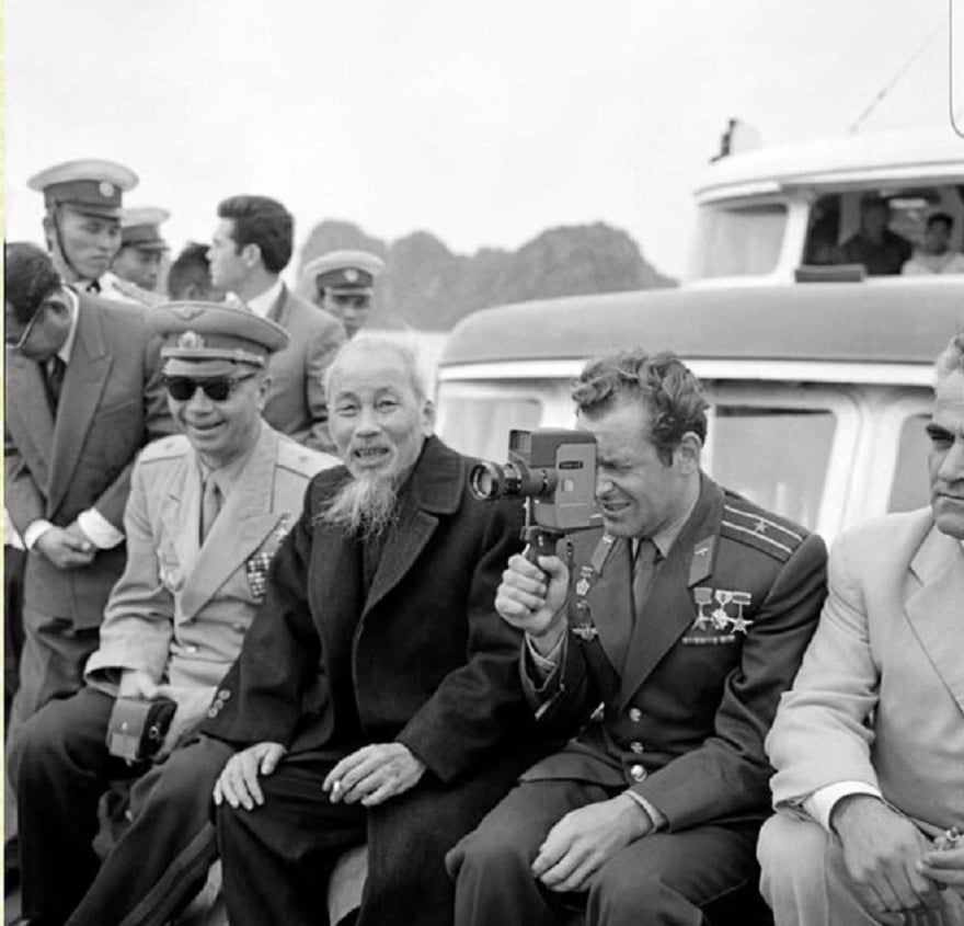 President Ho Chi Minh and Hero German Titov aboard a sightseeing boat in Halong Bay.