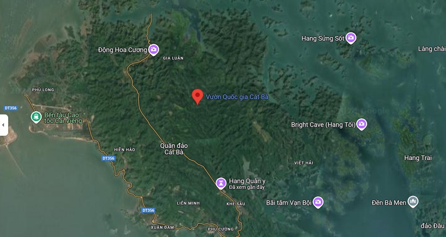 Geographical location map of Cat Ba National Park, showcasing its close proximity to famous Halong Bay tourist destinations as displayed on Google Maps