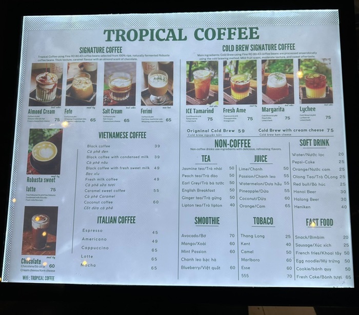 Beverage price list served at the terminal