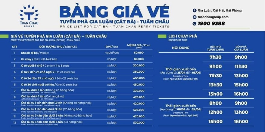 Tuan Chau - Cat Ba ferry ticket prices and schedule