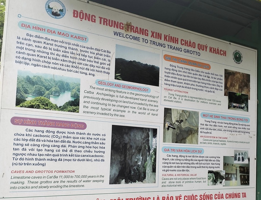 An introductory sign about Trung Trang Cave positioned at the entrance