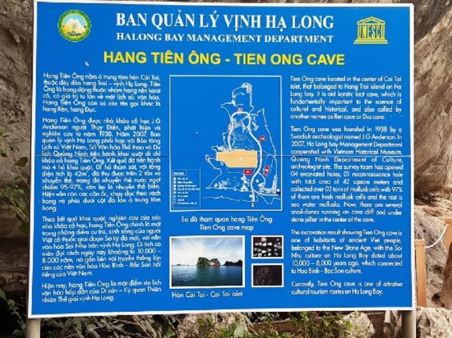 Introduction board and map of Tien Ong Cave