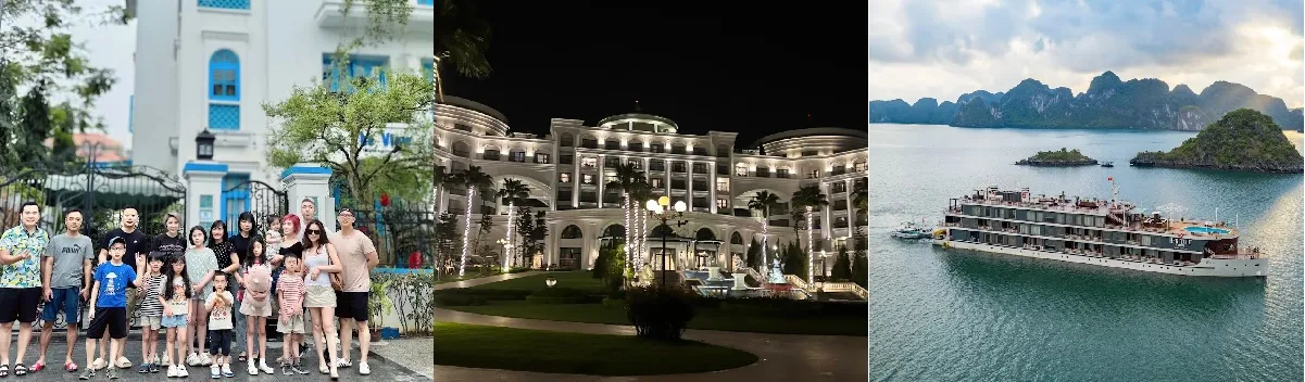 Prominent accommodation styles in Ha Long, including villas, hotels, and overnight cruises on Ha Long Bay