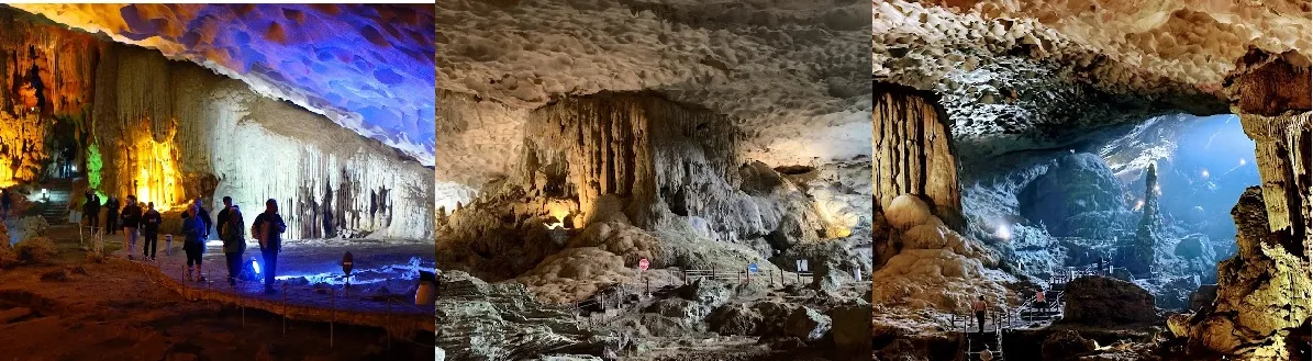 Thien Cung Cave, Dau Go Cave, and Sung Sot Cave are the three largest and most beautiful caves in Ha Long Bay
