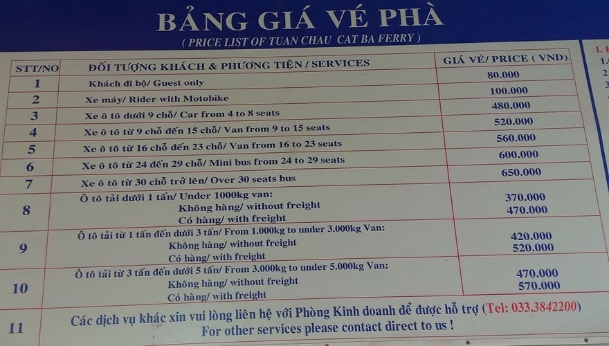 Tuan Chau - Cat Ba Ferry Rates