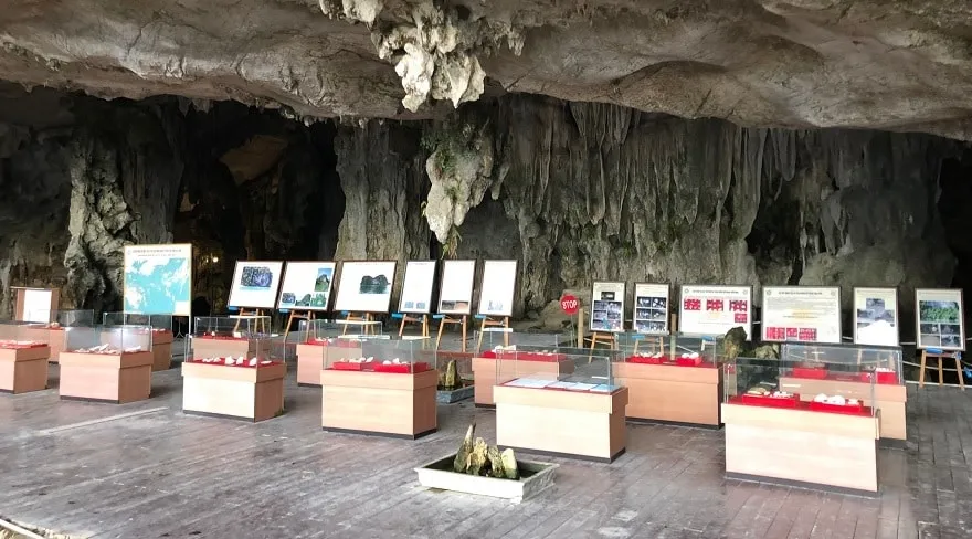 Display area for prehistoric artifacts from the Ha Long culture period at Tien Ong Cave (a sightseeing spot included in overnight cruise itineraries)