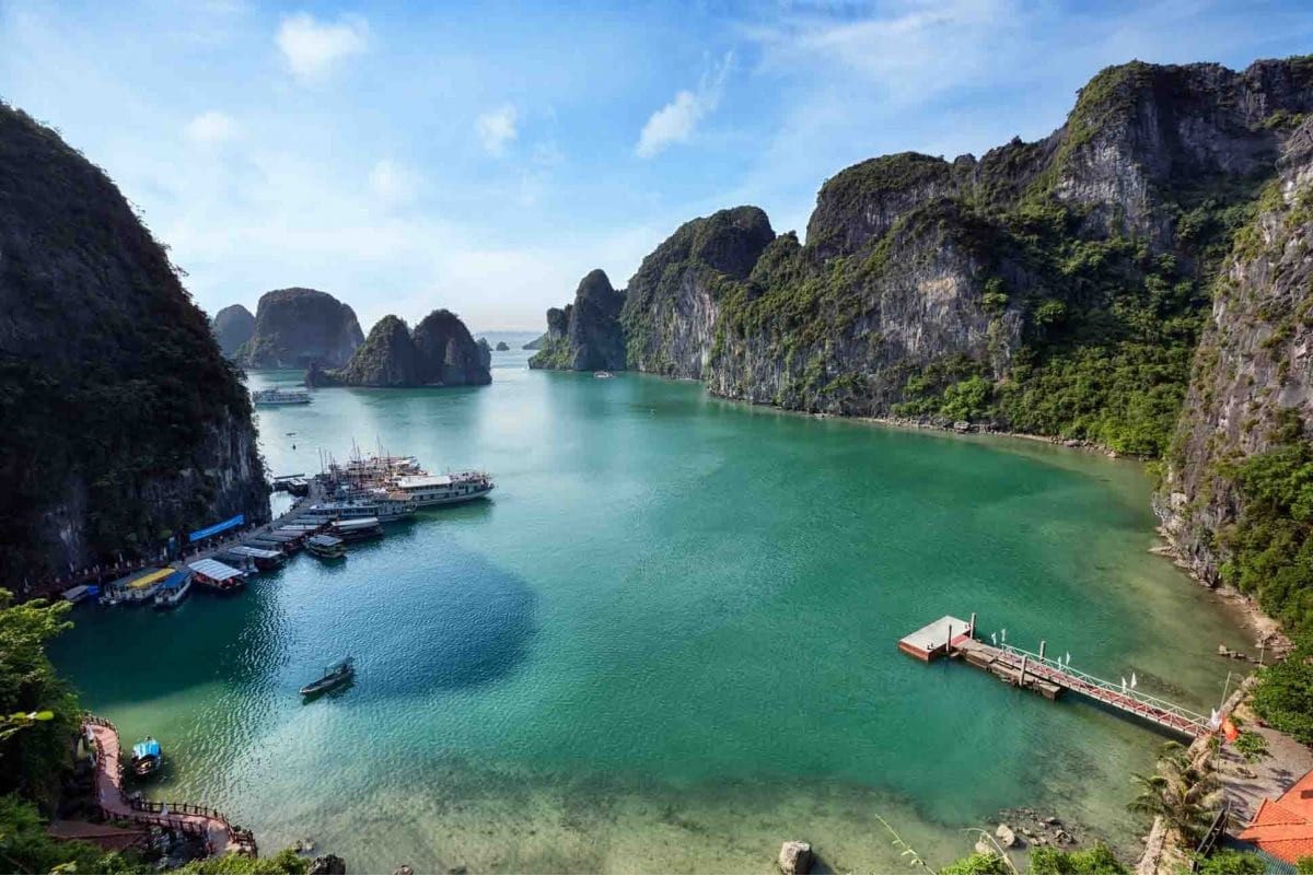 Limestone mountains surrounding the fishing village