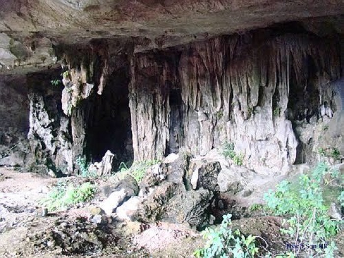 The cave entrance area where unconsolidated mollusk shell sediment is densely concentrated.