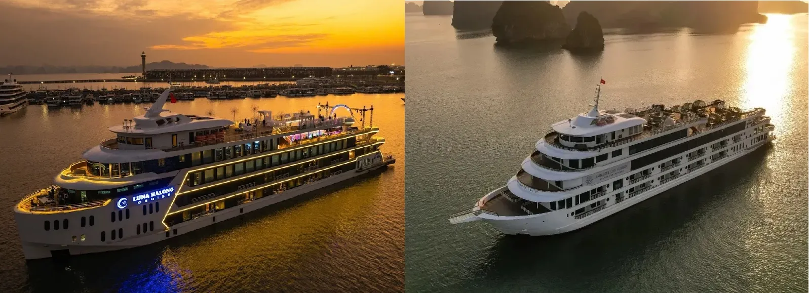 Luna Halong Cruise (left) and Ambassador II (right) are iconic yachts for the current 8-hour Halong Bay cruise tour line