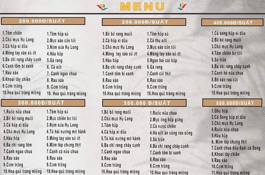 Onboard dining menu in Halong Bay